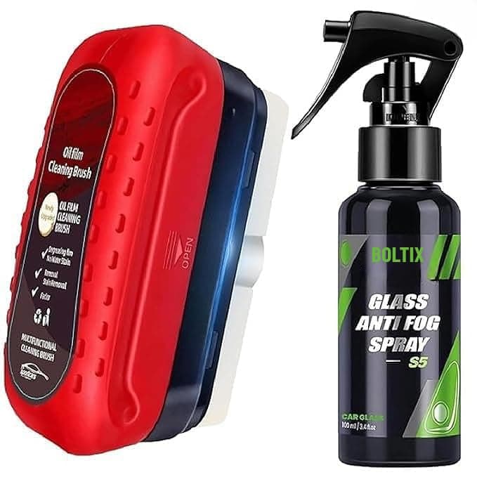 BOLTIX Oil Film Cleaning Brush & Car Glass Cleaner Anti-Fog Spray | Windshield Defogger & Stain Remover for Interior & Exterior | Anti-Mist, Oil Stain Remover for Car Windows, Mirrors & Glass