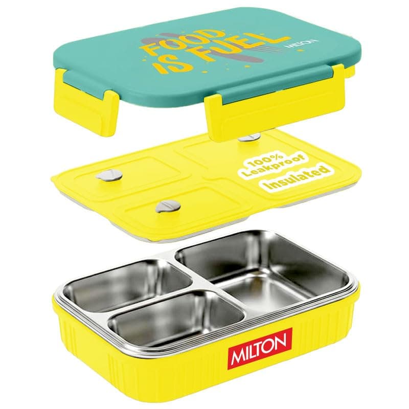 MILTON Meal Safe 3 Inner Stainless Steel Tiffin Box for School with Steam Release Plug | PU Insulated, Leak-Proof, Food Grade I Lunch Box for Kids Boys, Girls with Snap Lock Lid, 630 ml, Yellow