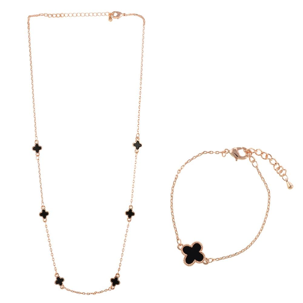 Aaishwarya Rose Gold Plated Black Clover Necklace & Bracelet Combo for Women and Girls | Set of 2 | Dainty Matching Jewelry Gift | Valentine Gift for Girlfriend, Wife | Elegant Chain Set
