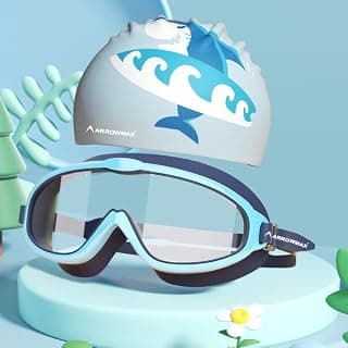 ArrowMax Swimming Goggles For Kids - Anti-Fog UV Protection Lenses |Swim Cap Printed Easy to Adjust |No Leaking-Premium Silicone Comfortable Fabric (BLUE)