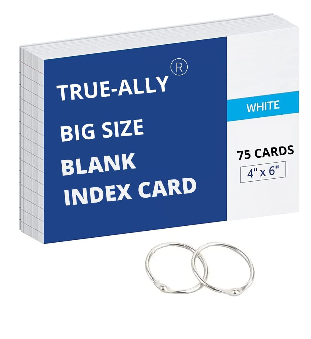True-Ally Big Size White Index Cards - 4x6 inch, 75 Sheets, 200 GSM - with Free Binder Rings for Short Notes, Cheat Sheets, Interview Preparation