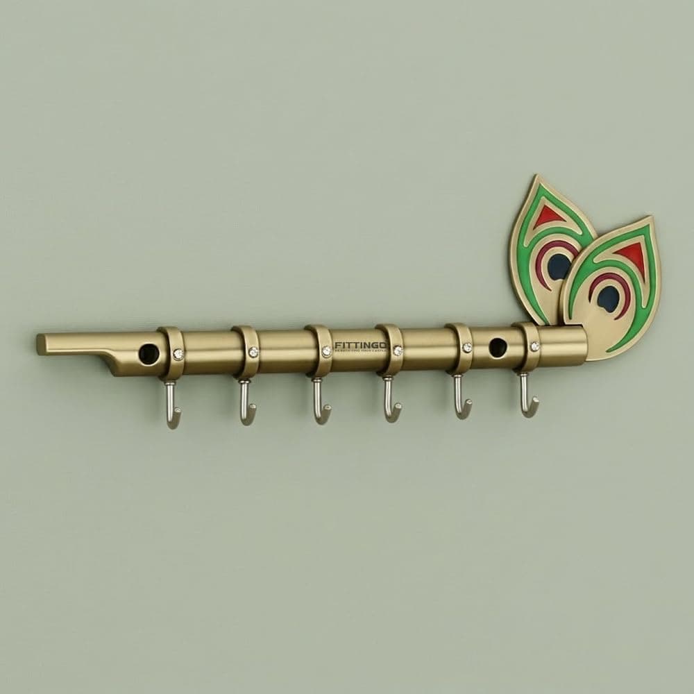 FITTINGO Big Brass Antique Krishna Flute for Key Holder/Key Stand/Keys Hanger Hook/Key Holders for Wall Stylish/Keys Rack Hook/Key Hanging Hooks - Home Decor, Wall Mount - 6 Hooks - (Brass Antique)