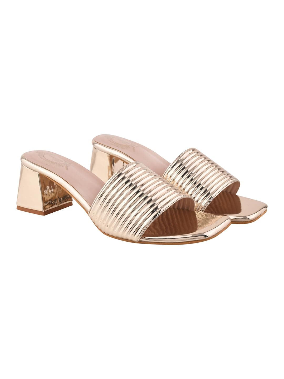 Shoetopia Women’s Heeled Sandals | Metallic Finish Open Toe Slip-On Kitten Heel | Stylish Party & Occasion Footwear