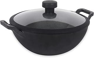 Meyer Pre Seasoned Cast Iron Kadai|Iron Kadhai with Lid for Cooking and Deep Frying | Heavy Base Iron Kadai Small Size | Gas Stove and Induction Friendly 24cm/ 3 Liters, Black