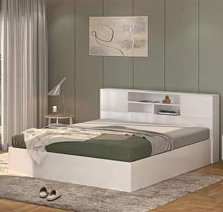 Modern Queen Size Platform Bed Frame with Storage Headboard, White. (King)
