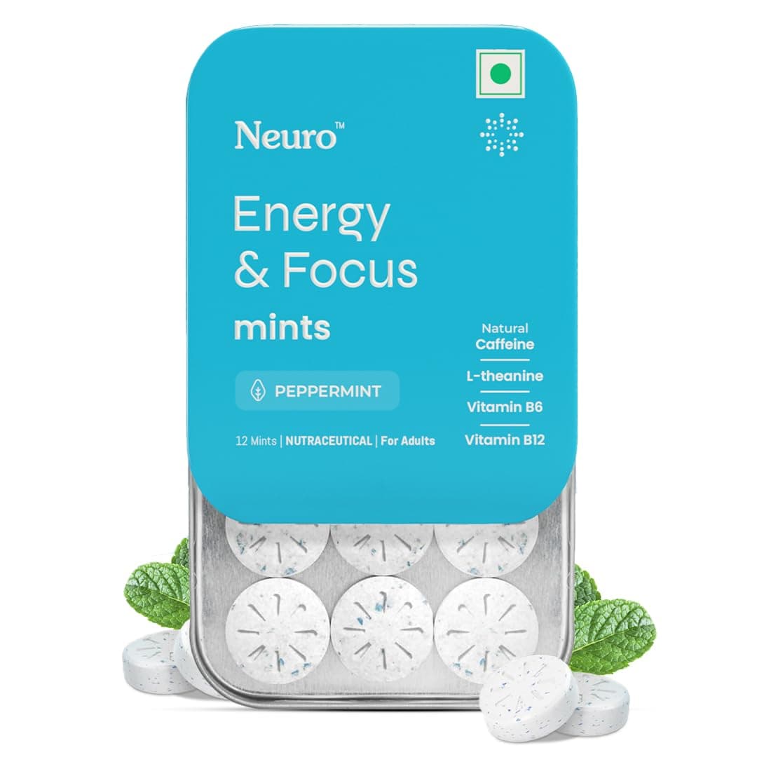 Neuro Energy & Focus Mints - Peppermint | Quick Energy Boost & Enhanced Focus | Natural Caffeine + 60 mg L-Theanine + Vitamin B6 & B12 | No Added Sugar | Aspartame Free | 60 Mints
