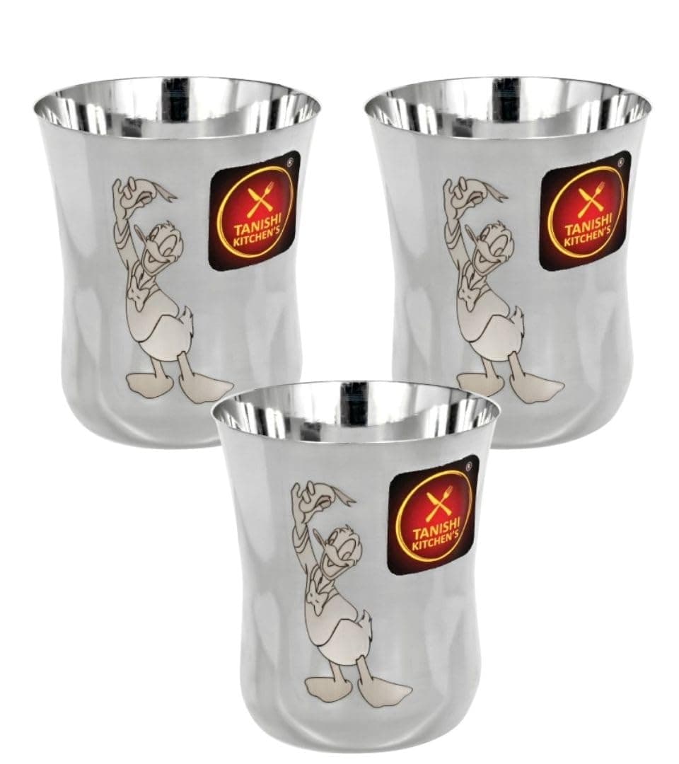 TANISHI KITCHEN'S Stainless Steel Cartoon Glasses for Kids | Donald Duck | 3 Pcs (Small) Drinking Glass Set – 100 ml Each | Safe, Unbreakable Tumblers for Milk, Water & Juice