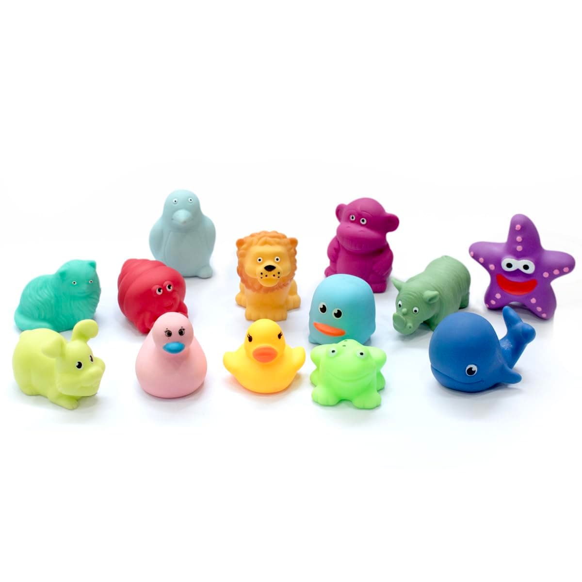 Amazon Brand - Jam & Honey Baby Bath Toy Set 3+ Months, 13 Pieces Floating Animal Squeeze Toys, Sea Wild & Domestic Bath Toys for Kids & Babies, BPA Free, BIS Certified Safe