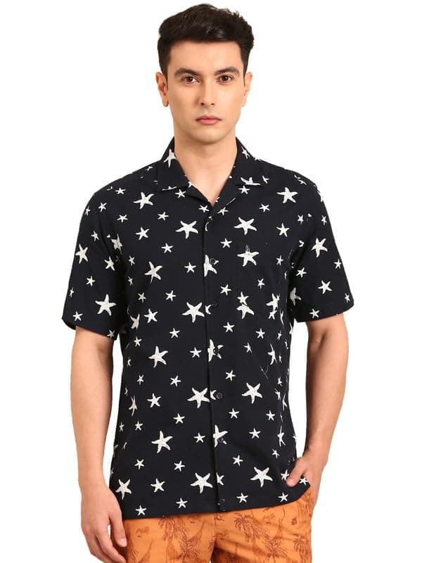 Cavallo by Linen Club Men's Blended Linen Brown Printed Contemporary Fit Half Sleeve Casual Shirt