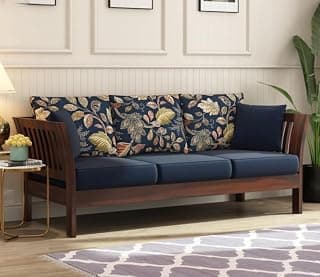 Solid Sheesham Wood Wooden 3 Seater Sofa Set for Living Room | Sofa for Home with Cousins Seat | Home Furniture, Brown (3S-W-Blue)