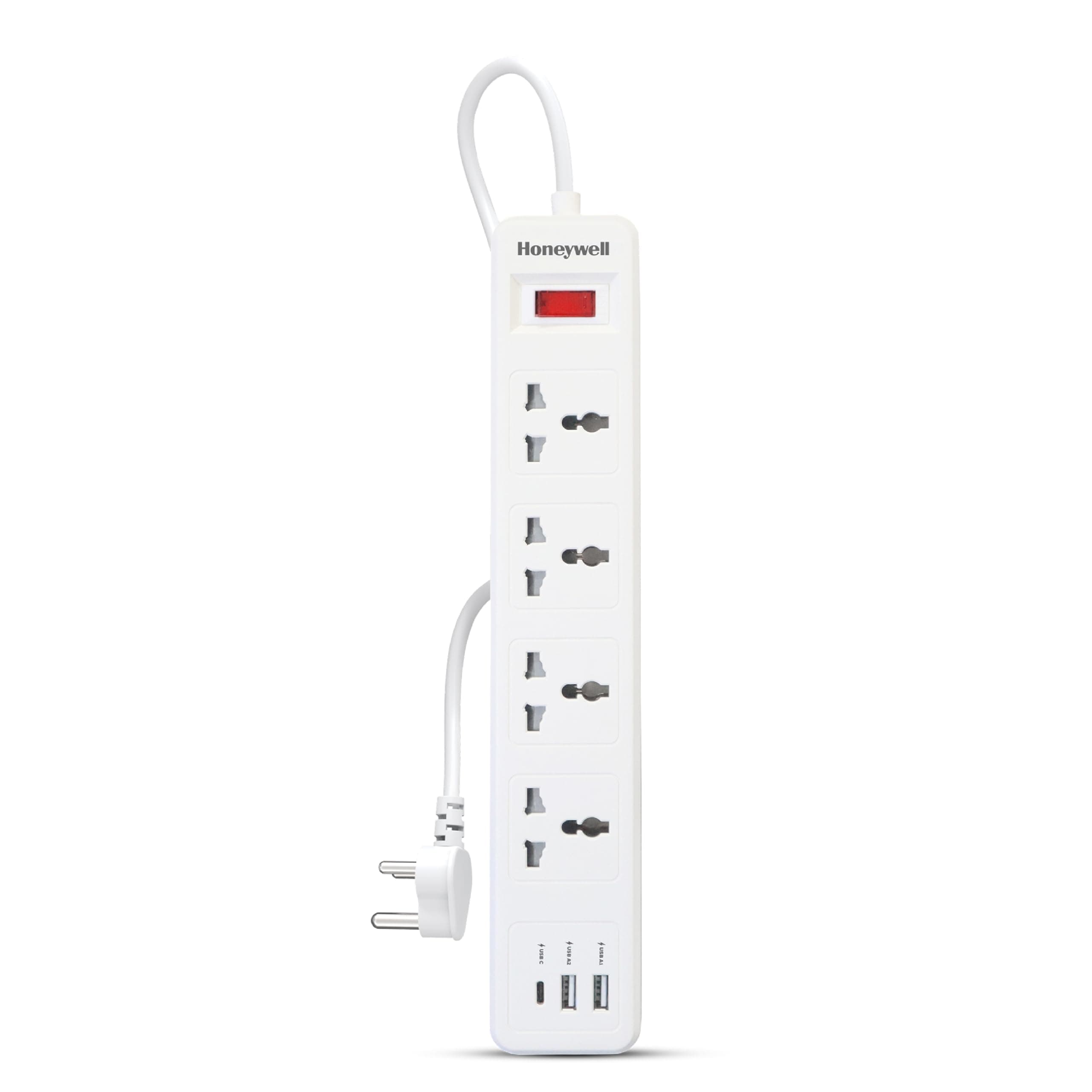Honeywell 4 Outlet Extension Board with Master Switch, 6 Amps, 250V, 1xType C & 2xUSB, 4 International Sockets, Pure Copper, 6 Advanced Safety Features, 2 Mtr Power Cord, BIS Certified, 1 yr Warranty