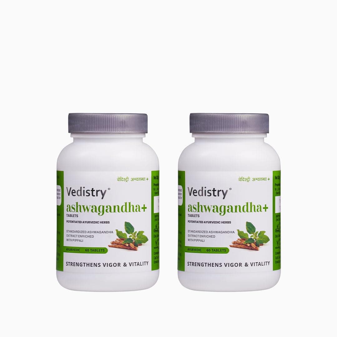 Vedistry Ashwagandha+ Tablets – 60 Tablets | Ayurvedic Tablets for Stamina, Stress, Rejuvenates Mind & Immunity Support with Ashwagandha & Piperine | Natural Supplement for Energy, Vitality, Muscle Recovery & Strength (Pack of 2)