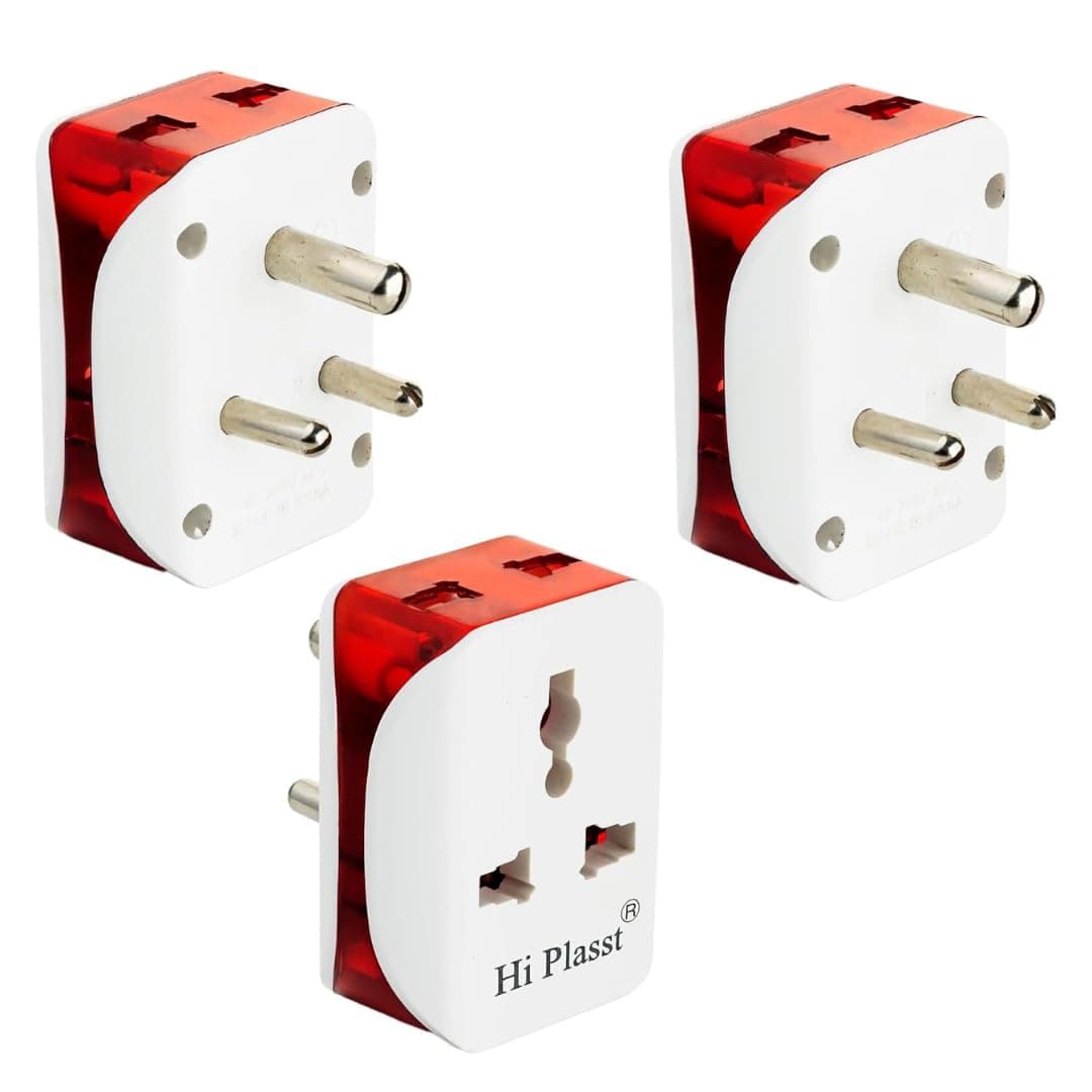 Hi-Plasst 3 Pin Multi Plug with Universal Socket - 6A Type D Plug for Indian Sockets, Grounded Multi Connection Travel Adapter for Home, Office, and Travel Use (Pack of 3)