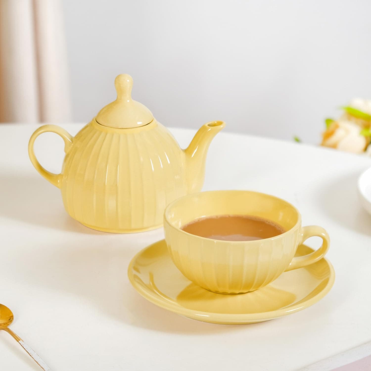 Nestasia Ceramic Tea Set for One (Yellow) | Stackable, Ergonomic, Ribbed Design, BPA & Lead-Free, Cup and Saucer Set with Kettle | Perfect for Tea, Coffee & Gifting
