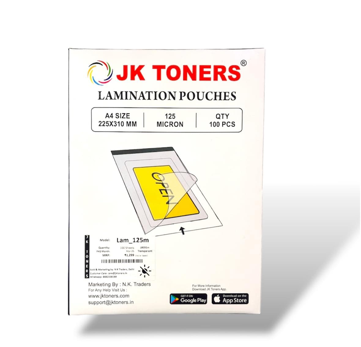 JK Toners A4 Laminating Pouches 100 Sheets, Clear Glossy Finish, Waterproof | Perfect for Document & Certificate Protection