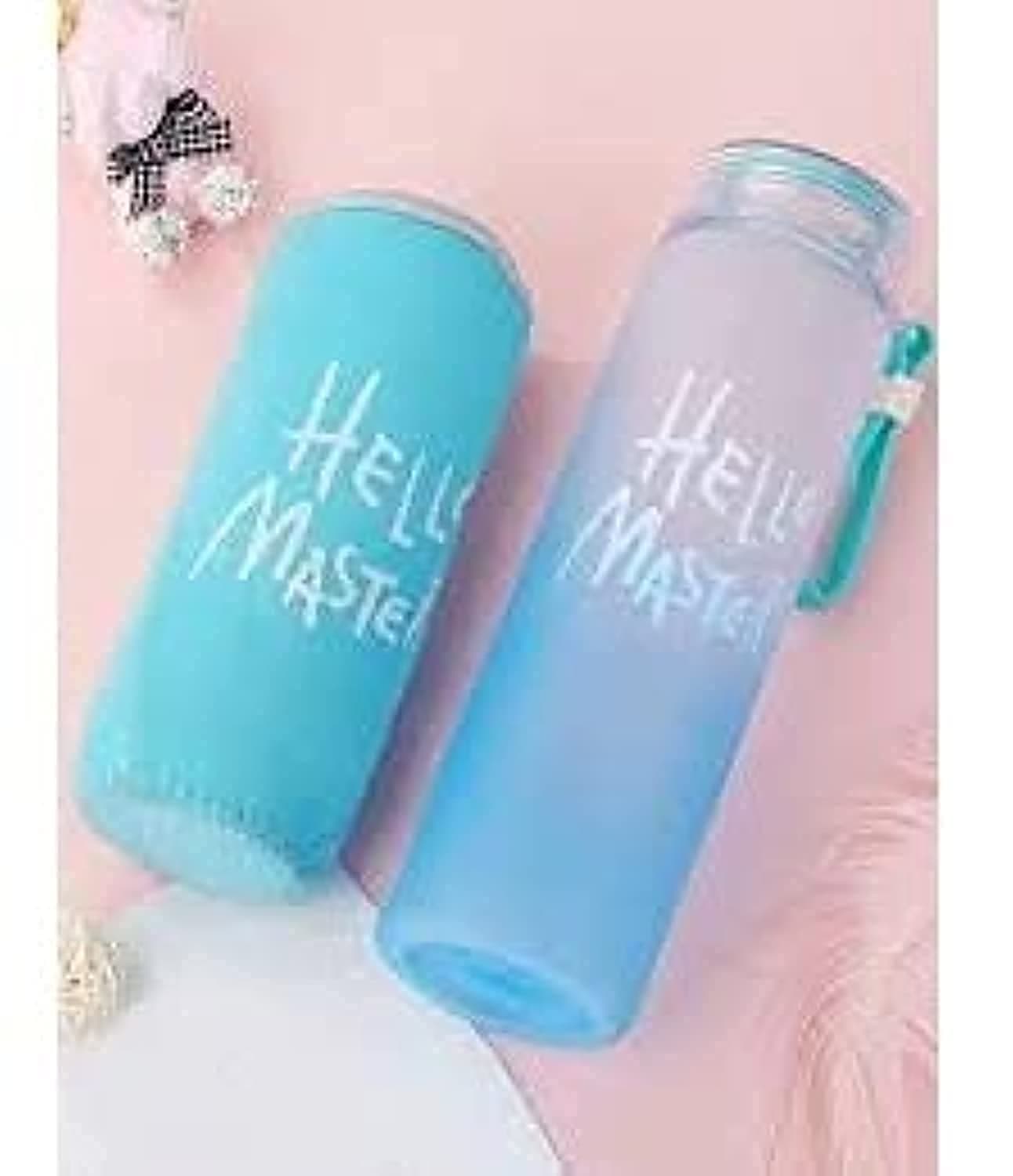 miRim Hello Master Glass Water Bottle with Cover for School/College/Office (500 ml) - 1 Piece (Blue)