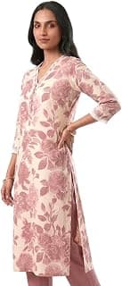Generic Women's Floral Print Kurta, Pink, 3/4 Sleeves, V-Neck with Lace Detail, Ethnic Wear