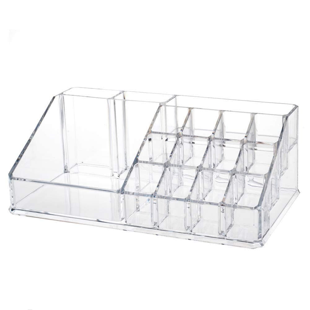 INOVERA (LABEL) Plastic 16 Compartment Cosmetic Display Cases Makeup Lipstick Storage Organizer Holder Box, 22L X 12 2W X 7 5H (Transparent - Pack of 2)