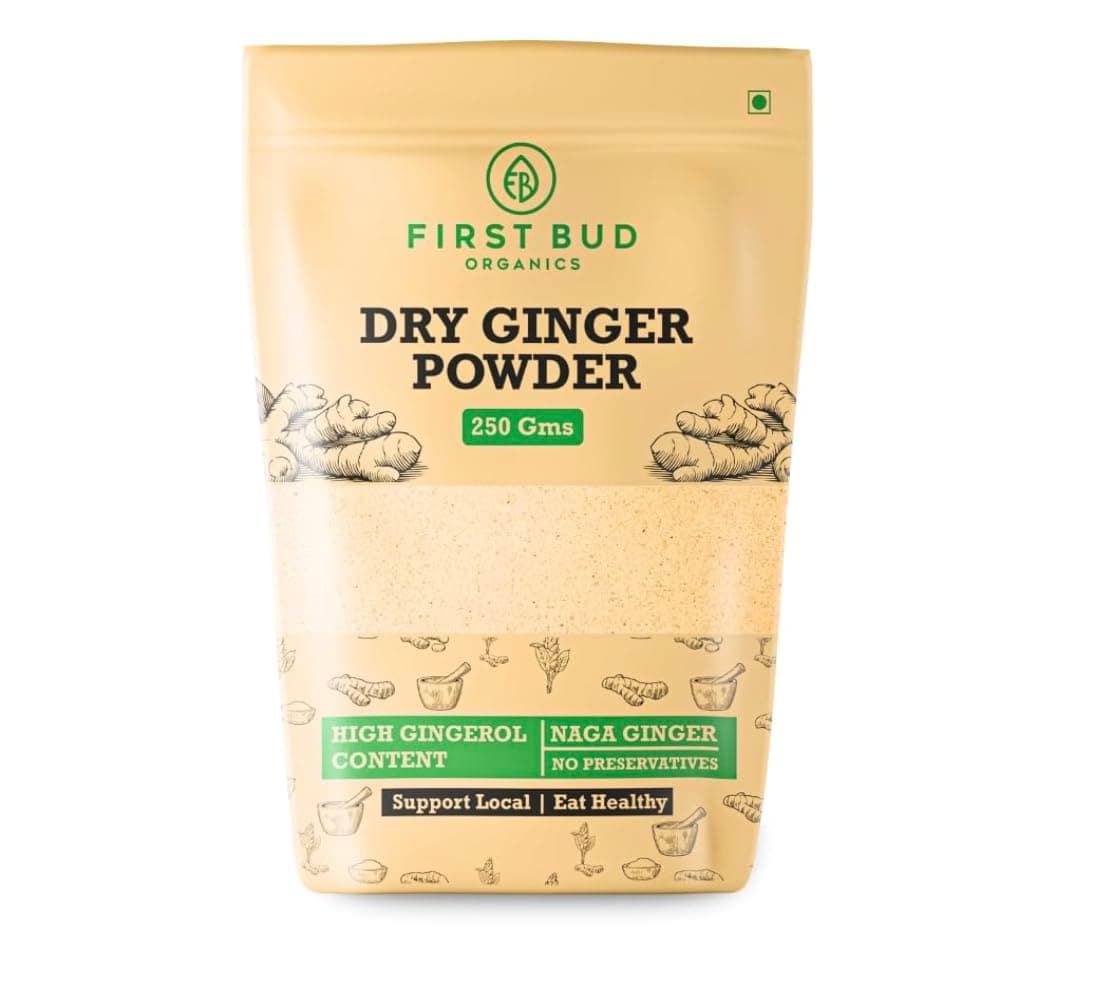 First Bud Organics Dry Ginger Powder - 250gm | Organic Ginger Powder With High Gingerol Content | Non GMO, Gluten Free & No Preservatives | Perfect For Cooking, Baking, Smoothies, and Teas