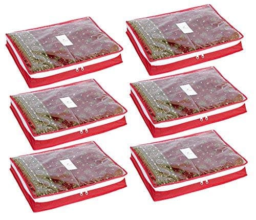 Homestrap 3-Inch Saree Covers Pack of 6 | Dust-Proof Non-Woven Saree Storage Bags with Transparent Window | Wardrobe Organizer for Heavy Sarees, Anarkali Suits & Ethnic Clothes Storage | Red