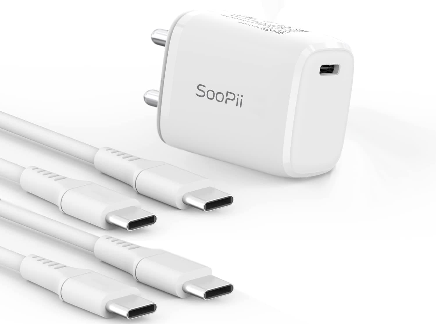 SooPii PD10 20W PD Fast Wall Charger with Type-C to Type-C Cable | Smart IC Protection, Auto Detection & Corrosion Resistant Pins | Compatible with All PD Supported Devices (1PD Adapter+2PD10 Cables)