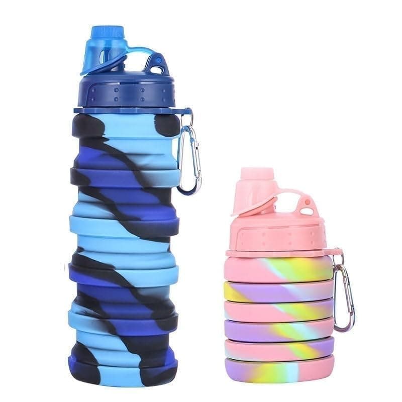 DOEASY Collapsible Football-Shaped Silicone Water Bottle 550ml | BPA-Free, Foldable, Reusable & Leak-Proof Travel Sipper with Carabiner Clip for Kids, School, Sports & Outdoor (Rainbow)