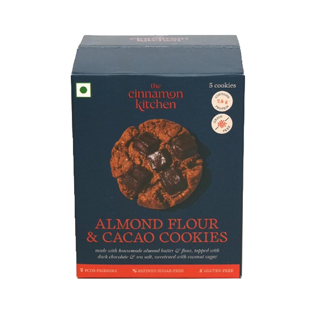 The Cinnamon Kitchen Almond Flour & Cacao Cookies (Pack of 5) | As Seen On Shark Tank |100% Natural & Healthy | Gluten Free | 100% Organic | PCOS Friendly |Refined Sugar Free|ChocoChip Cookie| 175 g