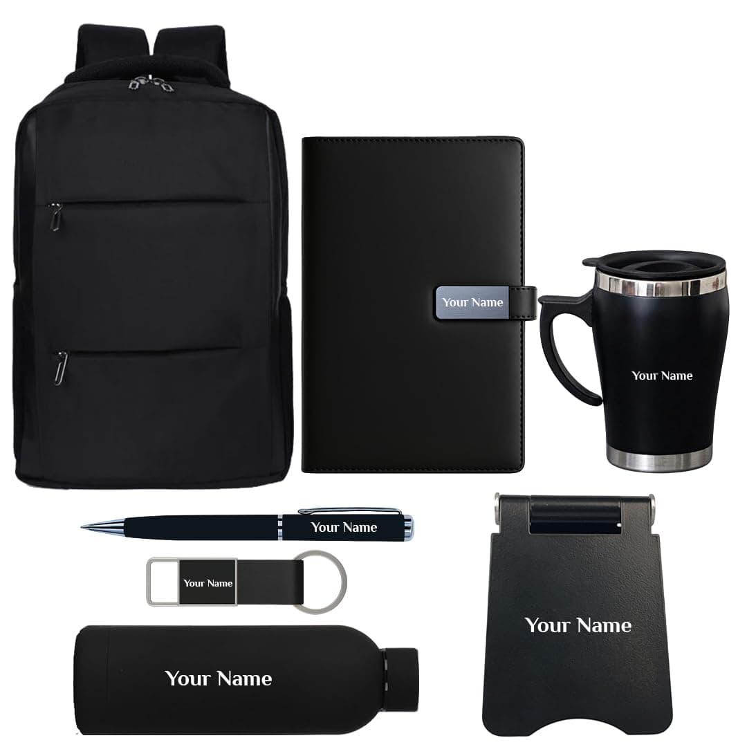 Giftana 7 in 1 Backpack Gift Set with Personalized Diary, Pen, Keychain, Mobile Stand, Coffee Mug & Water Bottle 500ml Gift Set for Men & Women, Office Employee Welcome Kit, Employees Gift for Corporate