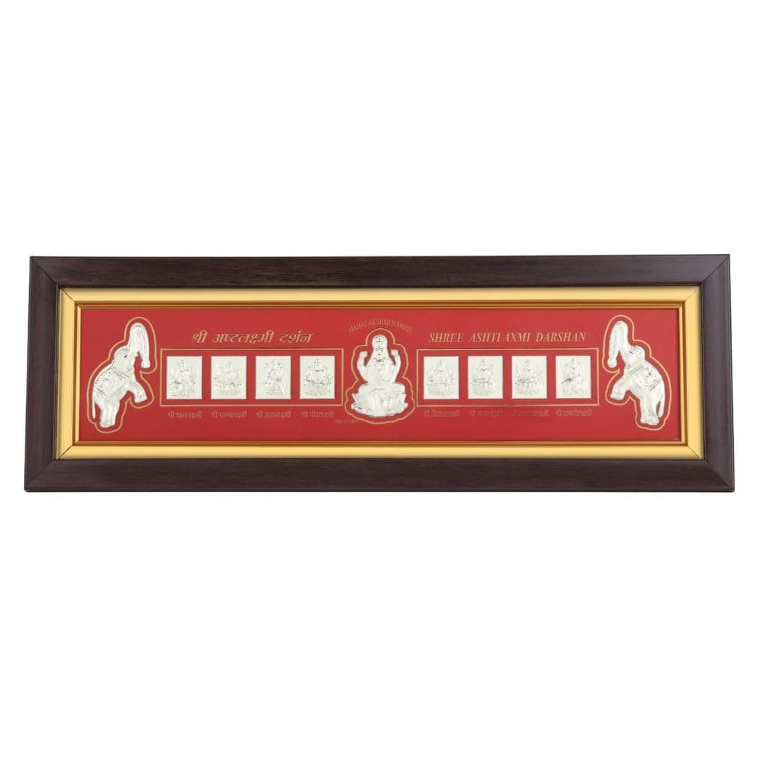BHAGWATIJEWELS 999 Pure Silver Ashta Laxmi Frame | Divine Home Decor | Lakshmi Darshan Wall Mount Rectangular Photo for Gift, Wooden PhotoFrame, SilverGift Items | hangingframe (15" x 5" Inch)