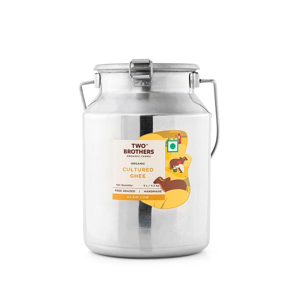 Two Brothers Organic Farms Pure A2 Cultured Ghee 5L | Free-grazed Desi Gir Cows | Bilona Method | Farm-Made with Probiotics for Gut Health | India's only Certified Glyphosate-Free ghee