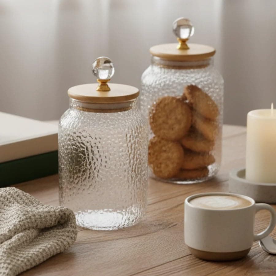 Rcasa Premium Hammered Glass Storage Jar with Wooden Lid & Crystal Knob | Airtight Kitchen Container for Cookies, Snacks, Tea & Dry Fruits | Luxury Jar for Home & Kitchen (6 x 4 Inch) (Crystal jar)