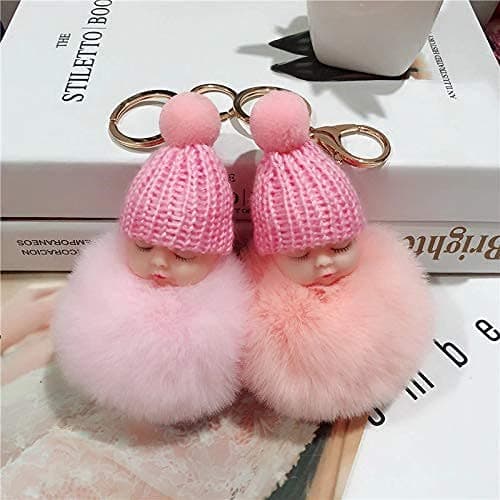 BOGEN LITE Sleeping N Smiley Baby Doll Keychains Fluffy Fur Pompom Keychain Car Bag Pendants Keyring key holder(Pack of 2)