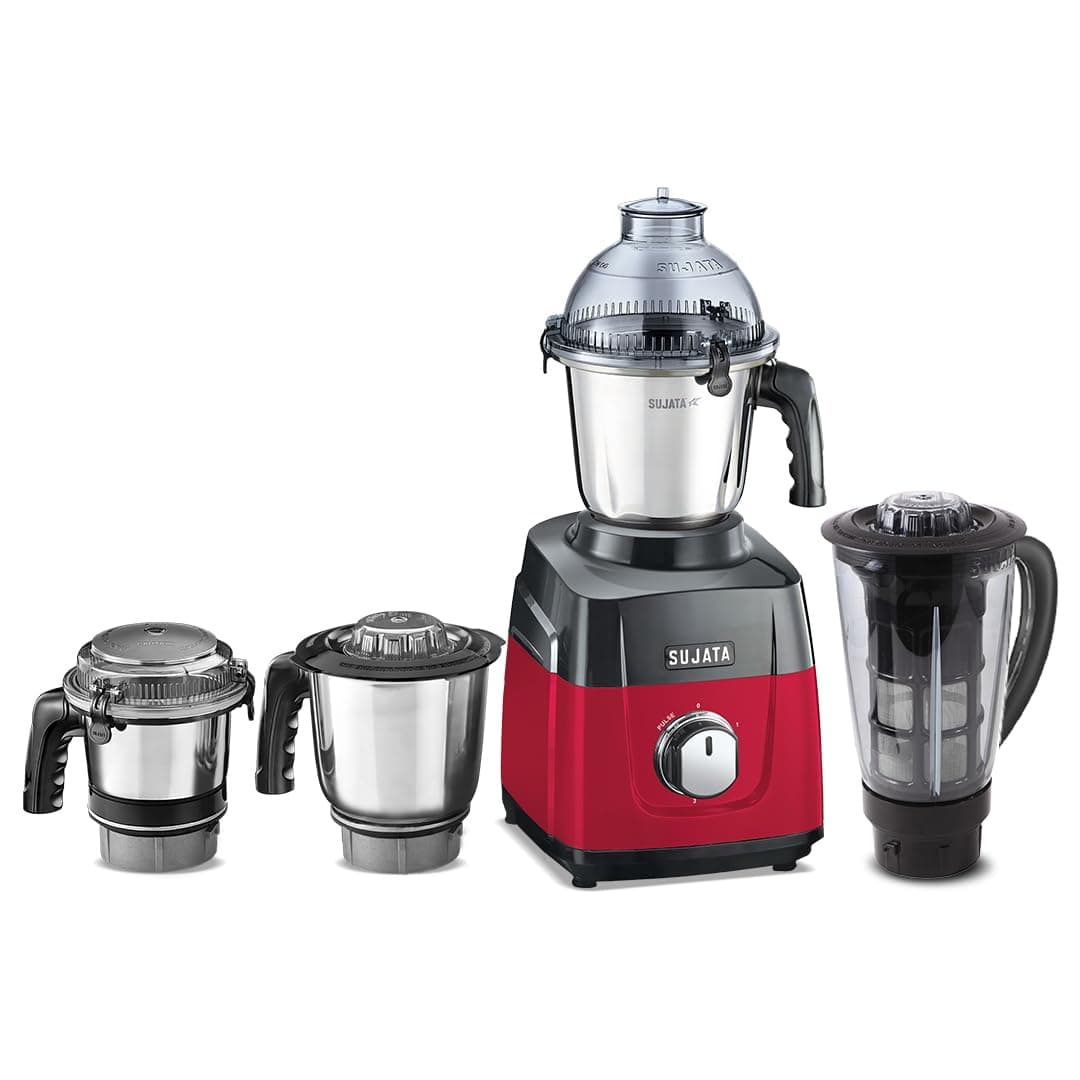 Sujata MG03 Mixer Grinder |1000 Watts Double Ball Bearing Motor|24000 RPM|Non-Stop 90 Mins Running|4 Jars including 1750ml Blender with Coconut Milk Extractor, 1500ml, 1000ml, 500ml Jar| Red & Black
