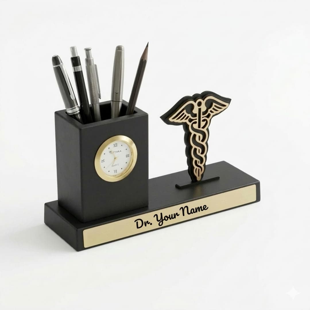 Giftana Personalized Doctor Pen Stand with Name & Clock | Wooden Desk Organizer with Doctor Emblem (Caduceus Symbol) | Customized Pencil Holder for Doctors, Medical Students | Birthday Gifts