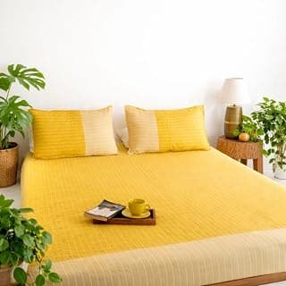 Handloom Cotton Striped Double Bed Bedsheet with 2 Pillow Covers | Lightweight and Comfortable | Woven Striped | Super Soft King Size Bedsheet (Yellow)