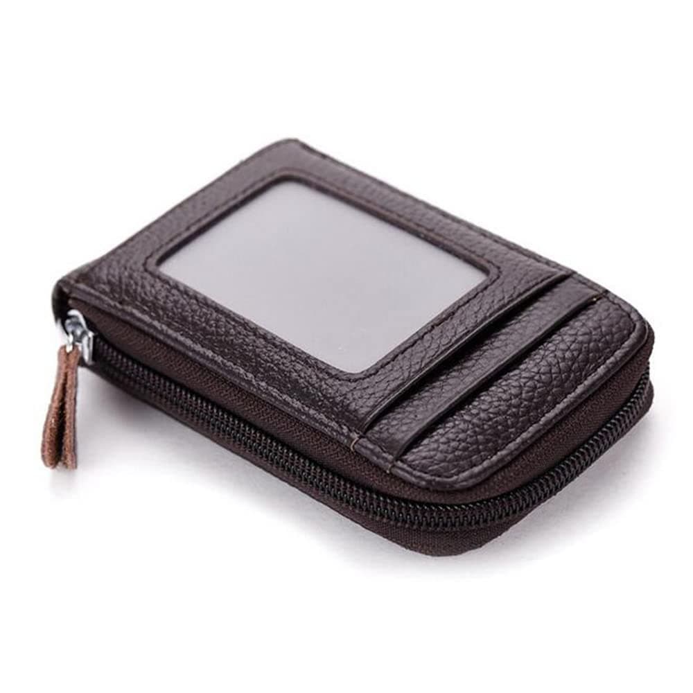 VOGARD Premium Leather Unisex Slim Zipper Business/Credit Card Case Holder With Clear Photo Slot, Security Travel Wallet (Pop78-Brown-New)