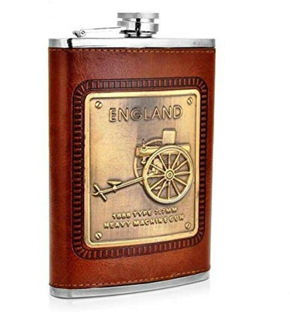 VAGMI Stainless Steel and Stitched Leather Hip Flask 8 oz (230 Ml), England Design Wine Whiskey Vodka Alcohol Drinks Pocket Bottle for Men & Women (Brown)