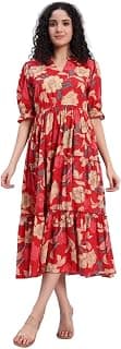 Women's Floral Summer Maxi Dress I Cotton Printed I One Piece Bodycon Midi Dress with V-Neck, Puffed Sleeves