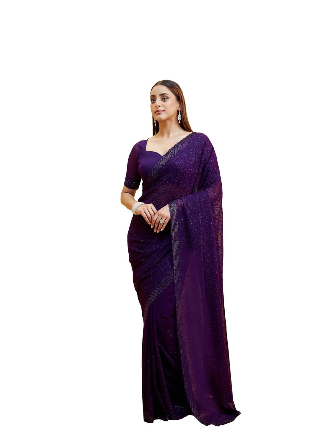 Kasee Women's Violet poly georgette Saree with Embellished Border and Unstitched Blouse Piece