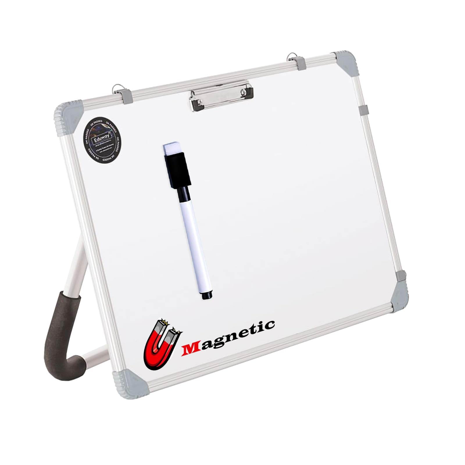 Eduway Magnetic Dry Erase 1.5x1 Feet White Board with Stand | Standing Whiteboard | Table Top with Paper Clip for Study, Memo, to Do List, with 1 Cap-Duster Marker.