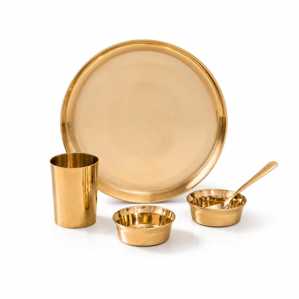 P-TAL Kansa Solid Dinner Thali Set (Set of 1) -5 Pieces (1Thali, 2 Bowl, 1 Glass, 1 Spoon), Gold
