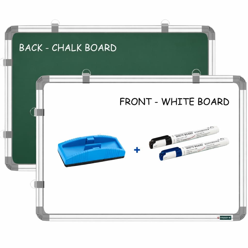 YAJNAS White Board 3 feet x4 feet (90x122 CM) Double Sided Whiteboard & Chalkboard Both Side Writing Board with 2 Markers + 1 Duster - Set of 4 Items