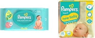 Pampers Baby Gentle Wet Wipes with Aloe Vera, 72 Wipes and Pampers Active Baby Diapers, New Born, Extra Small, (NB, XS) size, 24 Count, Taped style diaper