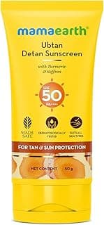 Mamaearth Ubtan Detan Sunscreen With Turmeric & Saffron | SPF 50 & PA++++ for UVA/B Protection | Tan Protection | Brightens Skin | Non-Greasy & Lightweight | No White Cast | For All Skin Types | 50 g