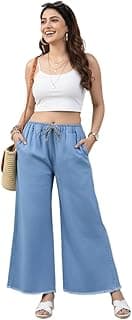 Giggle star Women's Denim Cotton Palazzo Pants, Mid Rise Relaxed Fit, Wide Leg Jeans Style, Casual Wear Trousers