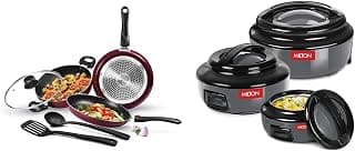 Milton Pro Cook Kitchen Jewel 5-Piece Non-Stick Cookware Set Peach & Ernesto Inner Stainless Steel Jr. Casserole Set of 3 Grey, Stackable & Easy Carry