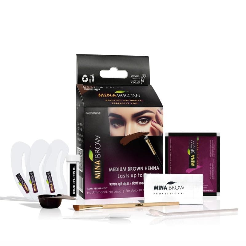 MinaiBrow Henna Eyebrow Tint | Alternative to Eyebrow Pencil | Easy Application | Even Coverage | Substitute of Micro Blading | Long-Lasting Eyebrow Colour That Stays Up to 7 Days (Medium Brown, 1G)