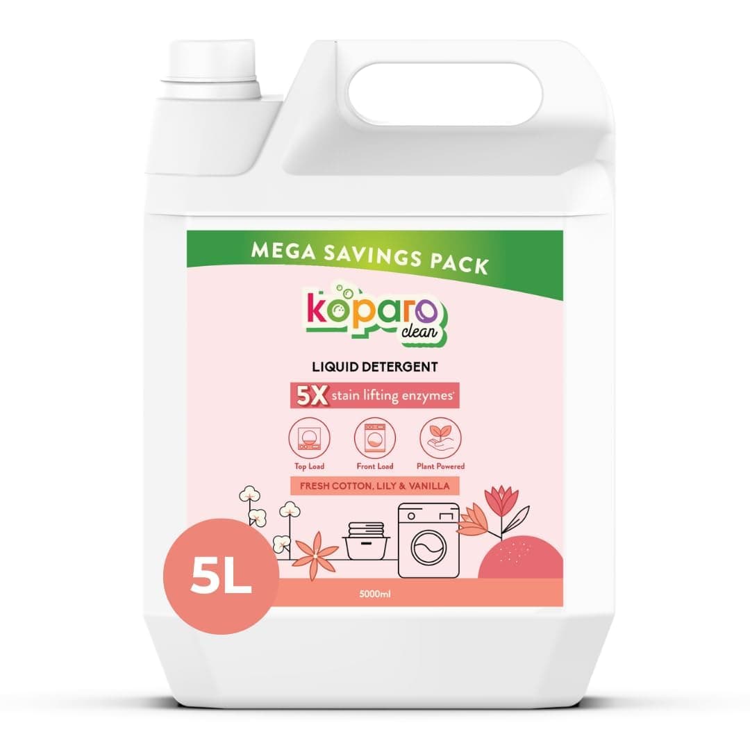 Koparo Liquid Detergent | 5 Litre | Top Load & Front Load Washing Machine Liquid Detergent | Organic Bio-Enzymes Laundry Detergent | Tough on Stains, Safe for Kids & Sensitive Skin | Lily & Vanilla