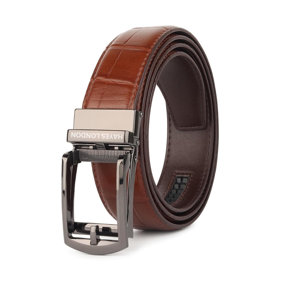 HAYES LONDON Genuine Leather Belt for Men with Auto Lock Ratchet Buckle | No Hole Micro Adjustable Slide Lock Belt | Premium Casual & Office Wear Men’s Belt (Onesize)