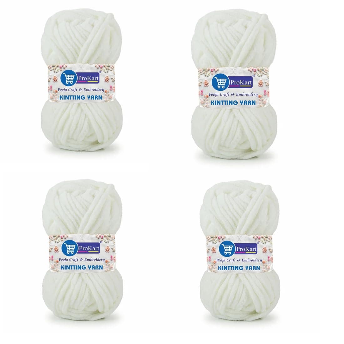 ProKart Premium Blankie Wool, Plush & Cuddly, Chenille Yarn Supersoft Hand Knitting Wool Ball | Blanket Thick/Mottu Yarn Ball Suitable for Hand Knitting and Crocheting (Pure White, 100gms x 4 Pack)